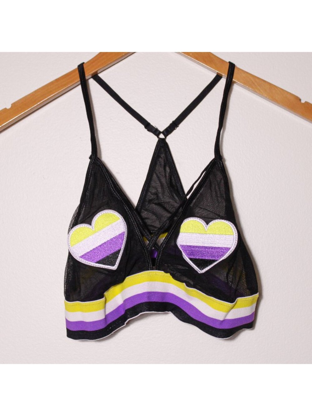 ENBY Nonbinary Pride Sheer Mesh Bralette Embroidered Hearts Black Festival S/M